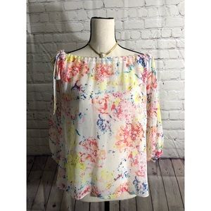 CAbi Off The Shoulder Colorful Floral Print Blouse